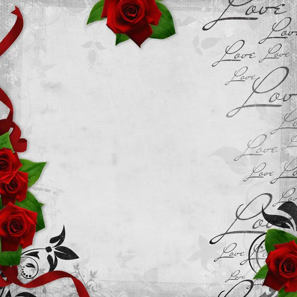 Fundo vintage romântico com rosas vermelhas e corações (1 do conjunto — Fotografia de Stock