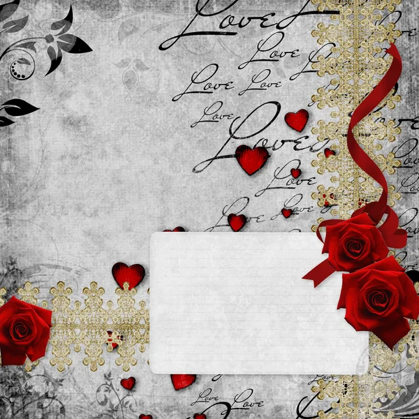 赤いバラとハート (1 セットのロマンチックなビンテージ背景 — ストック写真