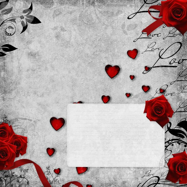 红玫瑰与心 集浪漫复古背景 — 图库照片#