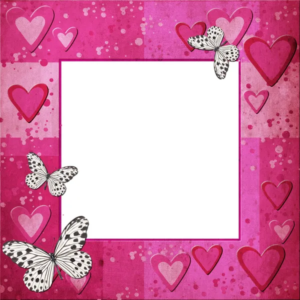 Růžový Grunge Rám Srdce Motýl Pro Design — Stock fotografie