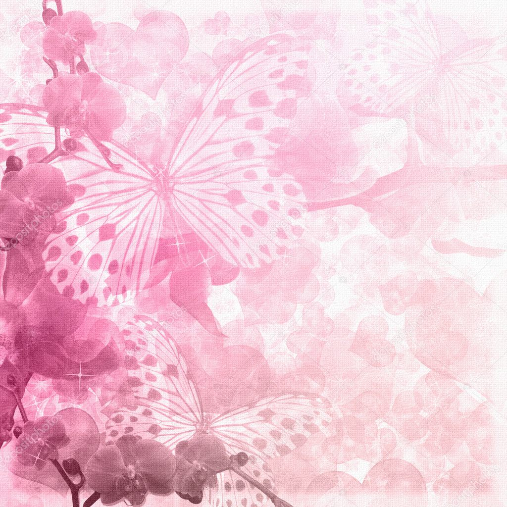 Butterflies and orchids flowers pink background