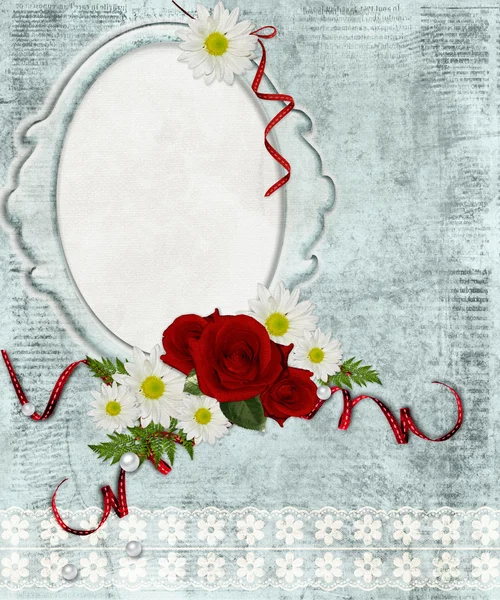 Ročník snímek na pozadí zámečku s krajkou a květiny — Stock fotografie