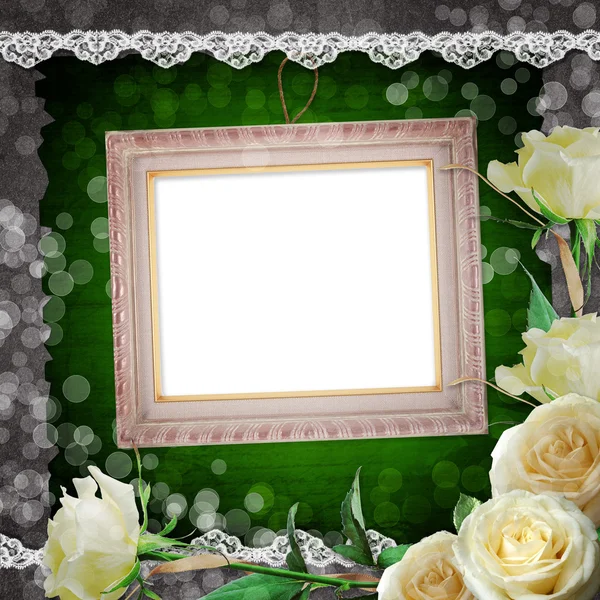Ročník pozadí s rámečky a bílé růže — Stock fotografie