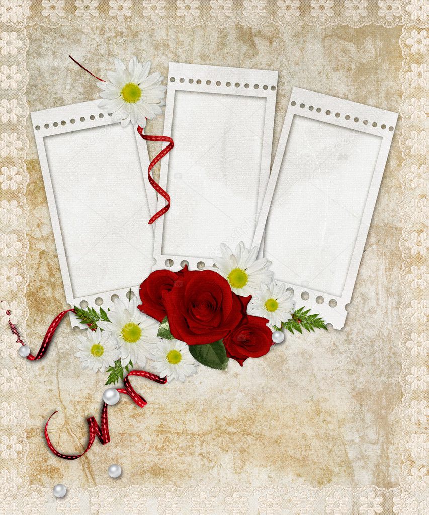 Vintage background with stamp-frames, roses, lace and pearls