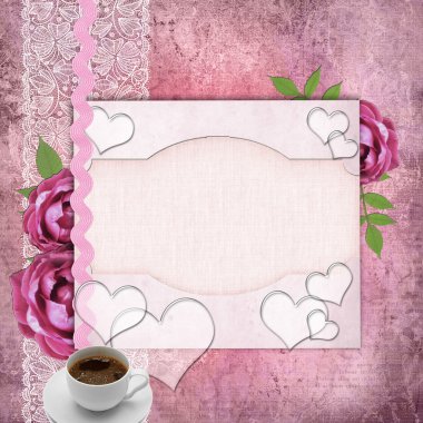 Card for congratulation or invitation with pink roses clipart