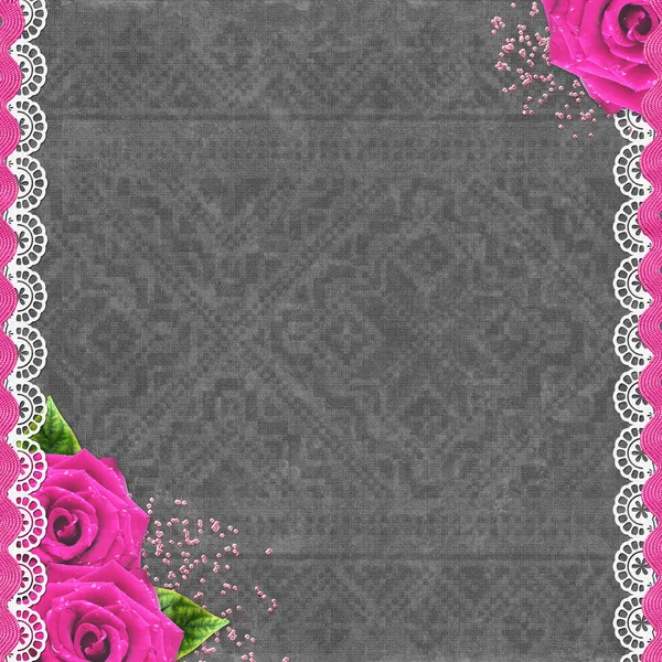 Сірий Гранжевий Фон Рожевими Трояндами Мереживом — стокове фото