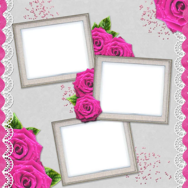 Ročník elegantní stříbrné rámečky s růží a krajka — Stock fotografie