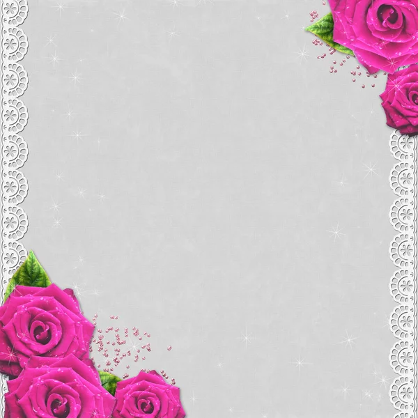 Grunge background with pink roses and lace — Stock Photo, Image