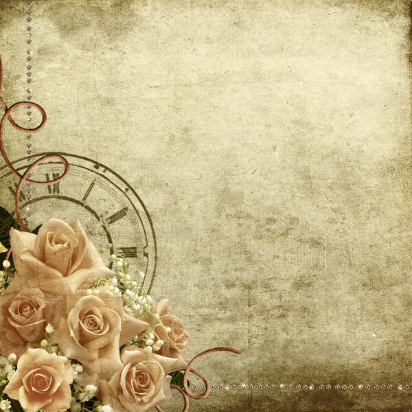 Retro vintage romantic background with roses and clock