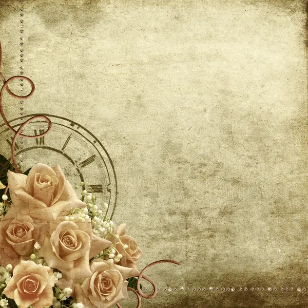 Fondo romántico vintage retro con rosas y reloj Imagen de archivo