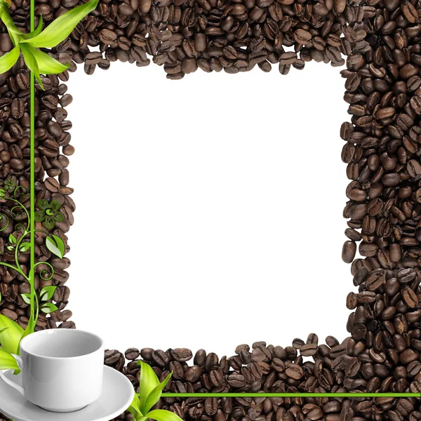 Kuppi kahvia ja siemeniä niin loistava runko — kuvapankkivalokuva