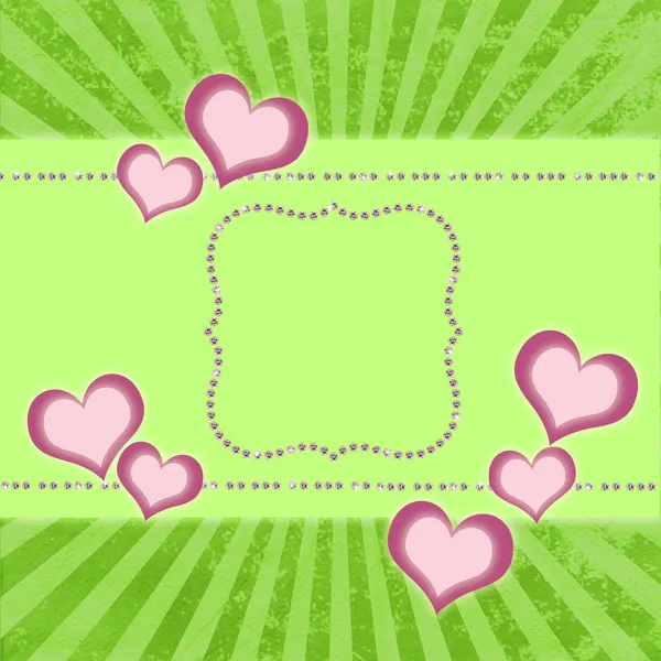 Cartão de saudação com diamantes e corações em fundo salpicado — Fotografia de Stock
