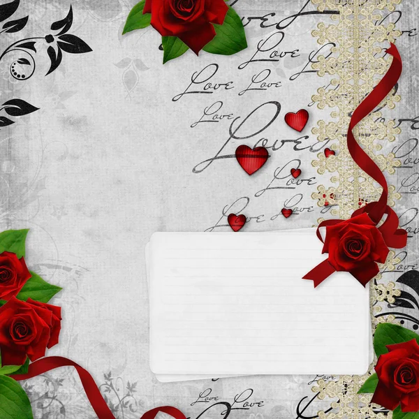 Cartão de casamento vintage com rosas e amor de texto — Fotografia de Stock