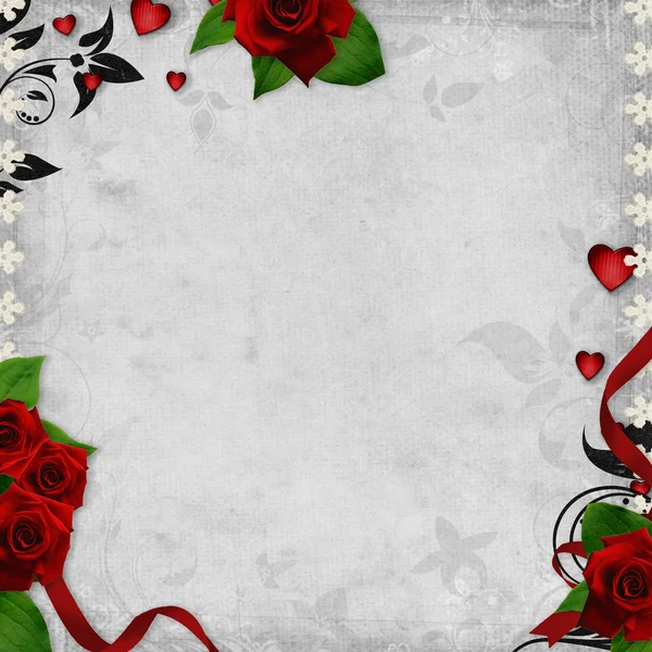 Ročník svatby karta s růžemi a krajkou — Stock fotografie