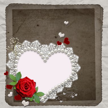 Vintage elegant heart frame with red rose, lace and pearls clipart