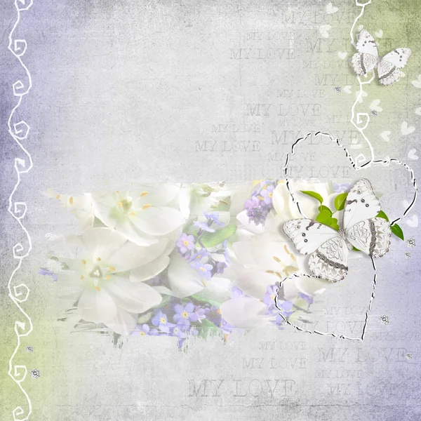 Retro achtergrond met bloemen en vlinder — Stockfoto