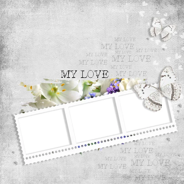 Retro-Hintergrund mit Stempelrahmen, Blumen und Schmetterling — Stockfoto