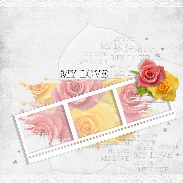 Retro pozadí s razítkem frame a pastelové růže — Stock fotografie