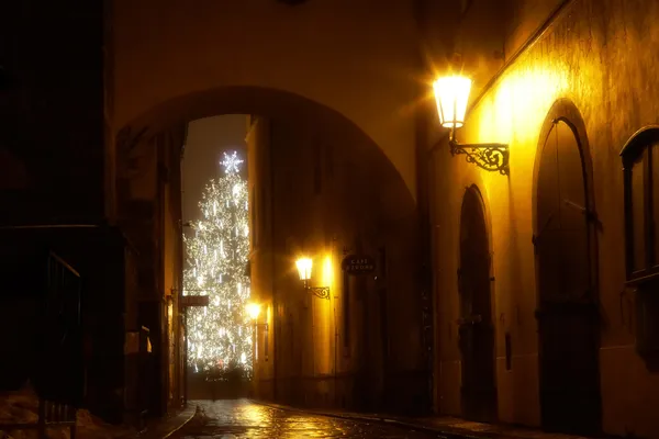 Misterioso Callejón Estrecho Con Árbol Navidad Praga —  Fotos de Stock