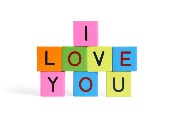 Phrase I LOVE YOU formed from wooden letter blocks — Stock Photo, Image
