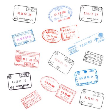 Set of various passport visa stamps clipart