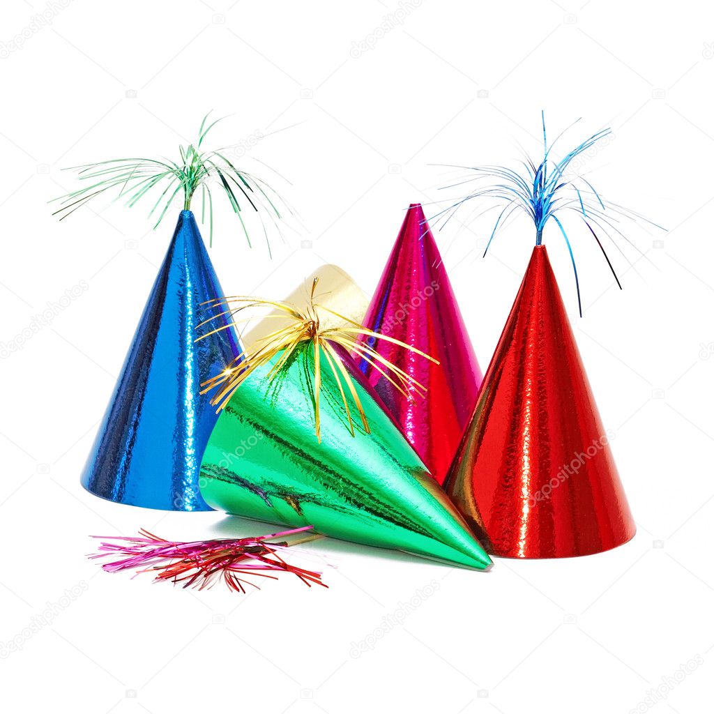 Birthday party hats on white background