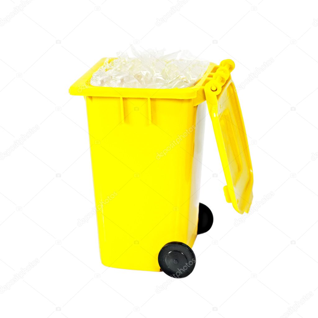 Full yellow recycling bin with plastic