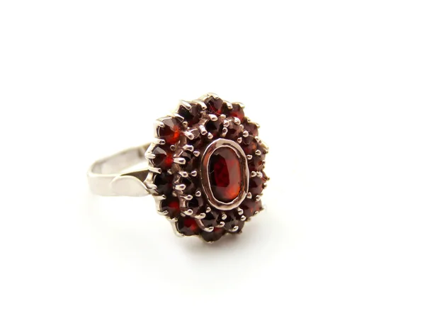 Silver ring with garnet isolated on a white background — Stock Photo, Image