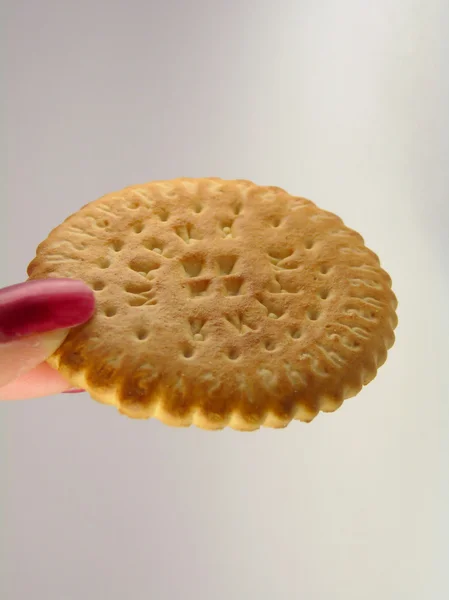 Biscoitos de açúcar deliciosos redondos na mão feminina — Fotografia de Stock