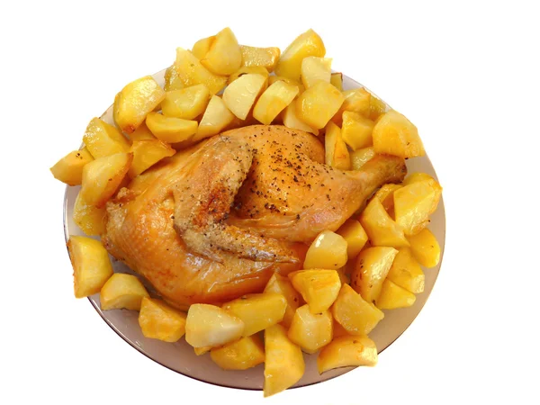 Вкусная картошка фри с курицей на белом фоне — стоковое фото