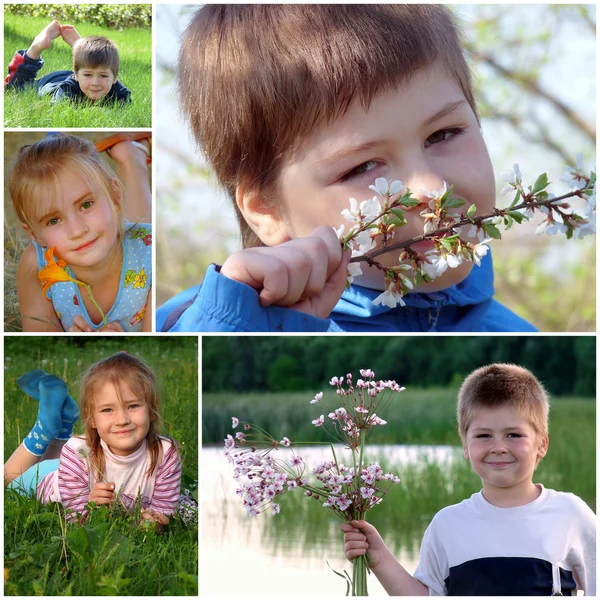 Letní koláž. děti na zelené trávě — Stock fotografie