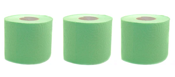 Three Rolls Toilet Paper Green Isolated White Background — Stock Photo, Image