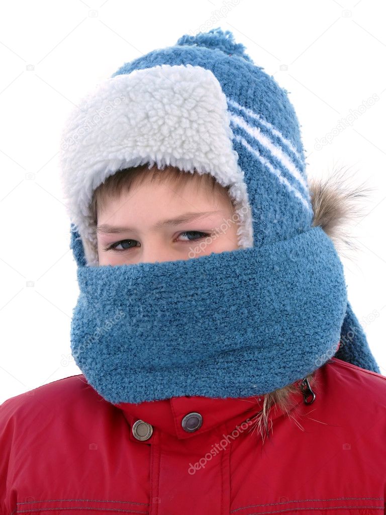 A boy in winter clothes with a face knotted scarf, isolated on a white background