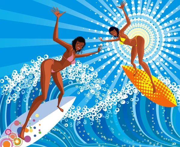 Duas Surfistas Deslizam Sobre Ondas Pranchas Surf —  Vetores de Stock