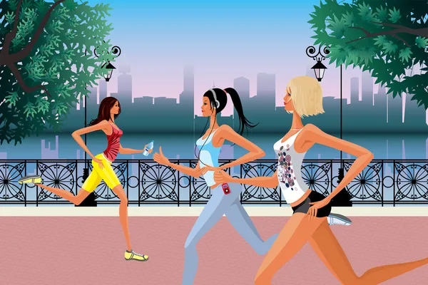 Three Beautiful Girls Jogging Morning — Stock Vector