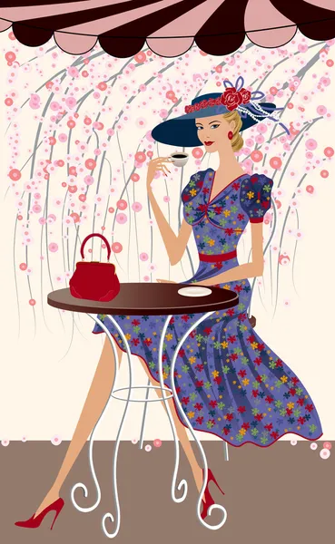 在一家咖啡馆喝咖啡的优雅女人矢量插画 — 图库矢量图片