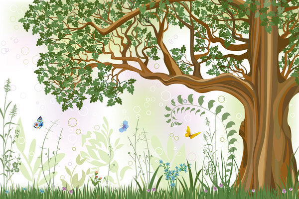 Summer background with oak tree in a meadow - vector illustration