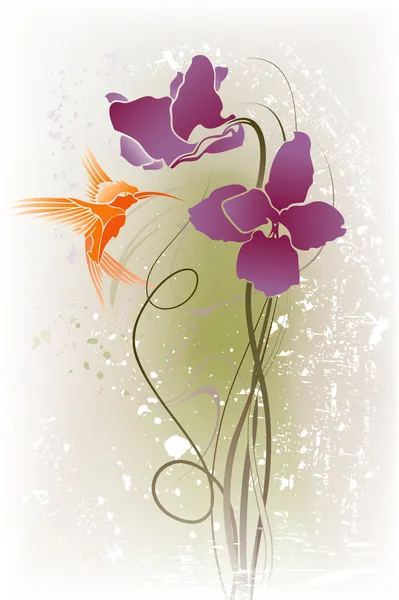 紫色の花とグランジ背景上の飛行のオレンジ色の鳥のベクトル イラスト — ストックベクタ