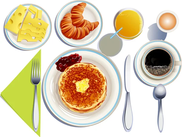 Pfannkuchen Mit Geschmolzener Butter Und Erdbeermarmelade Kaffee Orangensaft Käse Und — Stockvektor