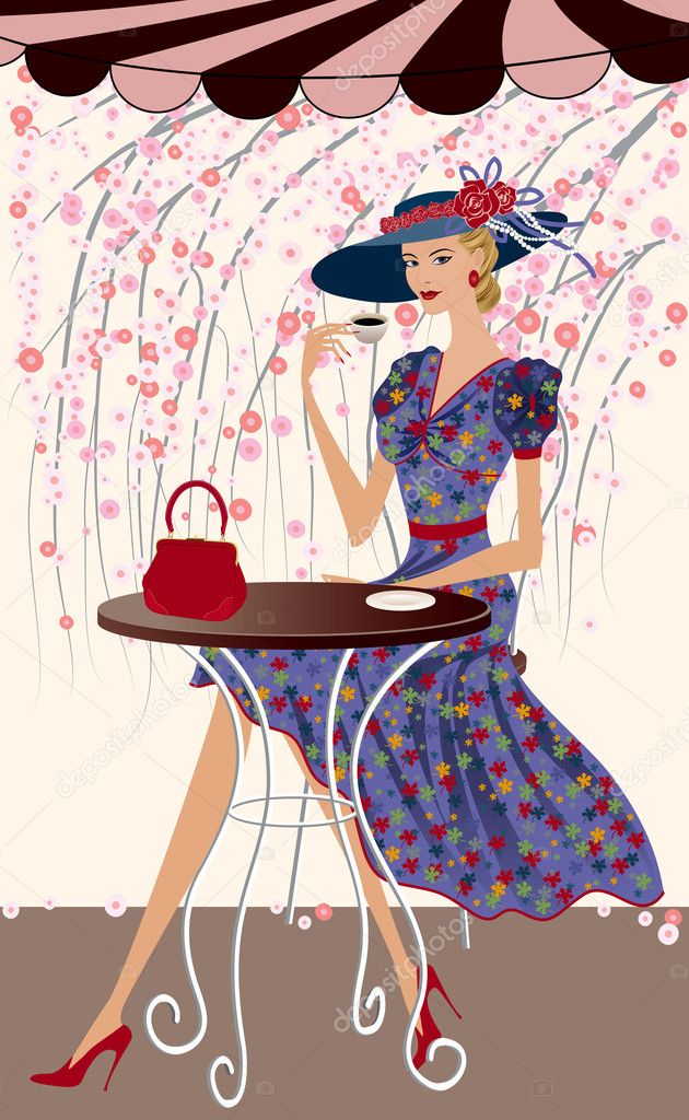 Vector illustration of elegant woman drinking coffee at a cafe