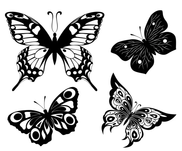 Black a white set of butterflies of tattoos — Stock Vector