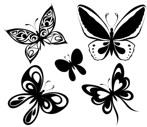 入れ墨の黒白い蝶を設定します。 — ストックベクタ