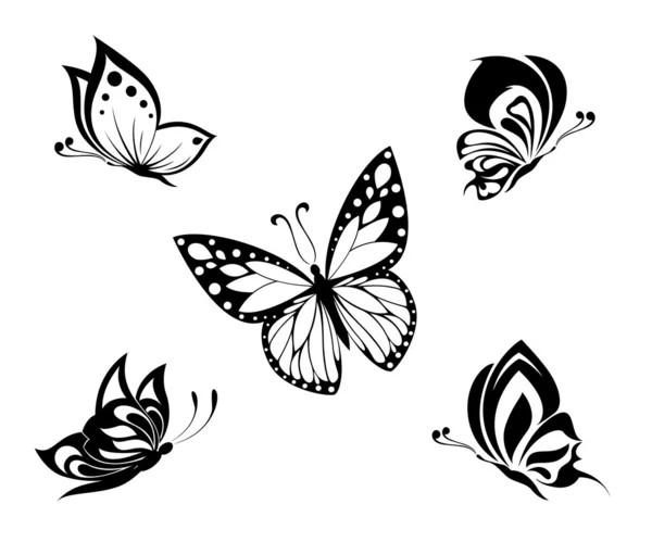 Tätowierung schwarz-weiße Schmetterlinge, Set — Stockvektor