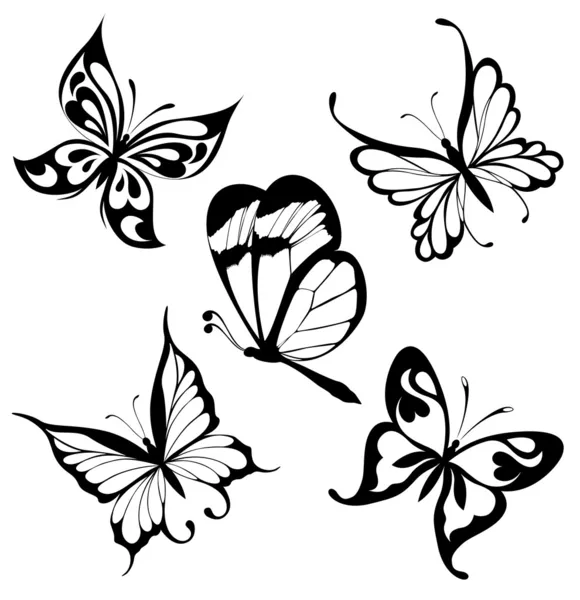 Sada Černé Bílé Motýlů Tetování — Stockový vektor
