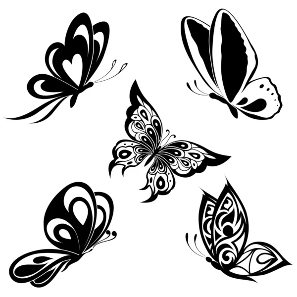Set papillons blancs noirs d'un tatouage — Image vectorielle