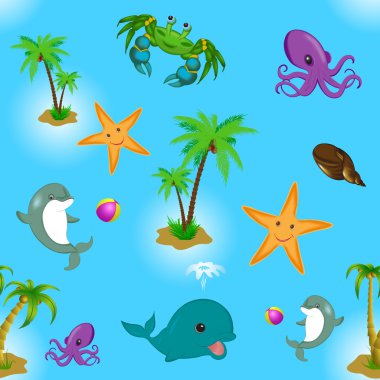 Pattern seamless with sea animals, palm clipart