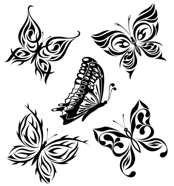 Conjunto de borboletas brancas pretas de uma tatuagem — Vetor de Stock