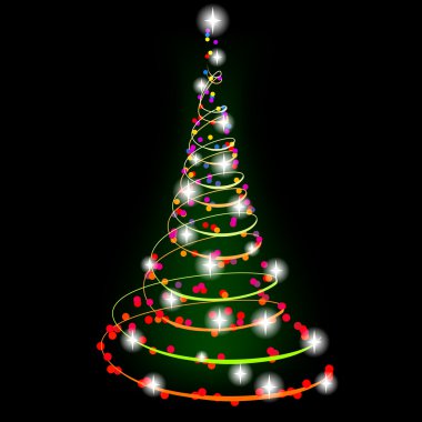 Christmas tree with bright lights and toys on the black background clipart