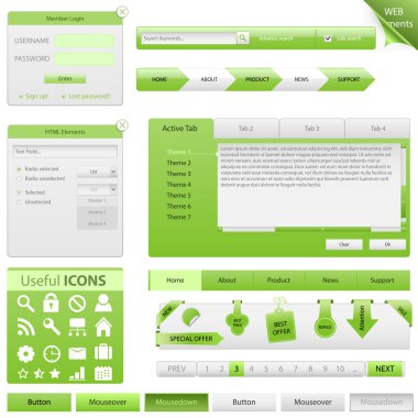 Big set of website element, forms, login bars, labels, stickers, text fields, navigations, icons and buttons in green-white style clipart