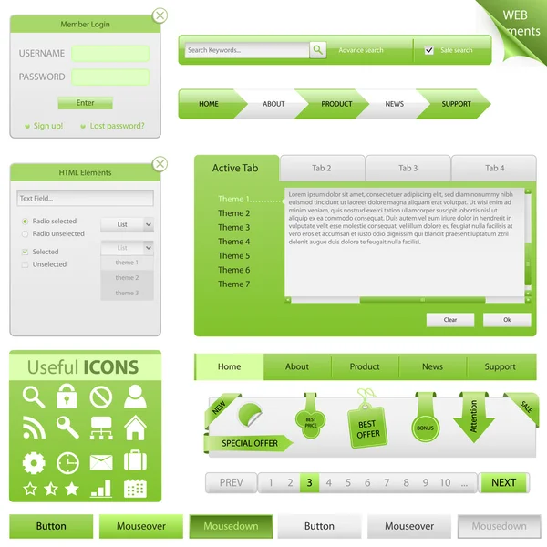 大套的网站元素 登录栏 文本字段 图标和中绿白样式的按钮 — 图库矢量图片